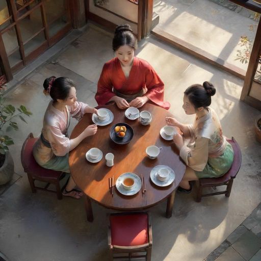 朋友们在茶馆轻松氛围中互相推荐好去处