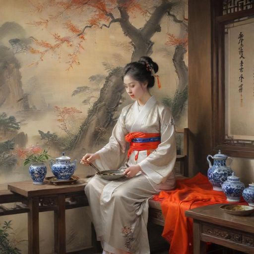 一间安静的茶室,以俯视角度展现,风格写实如油画,背景带有传统中式韵味。