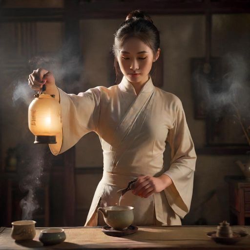 一位茶艺师正在专注而优雅地进行功夫茶的冲泡表演