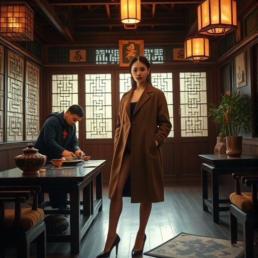 身着传统服饰的茶艺师在古朴茶馆内专注泡茶