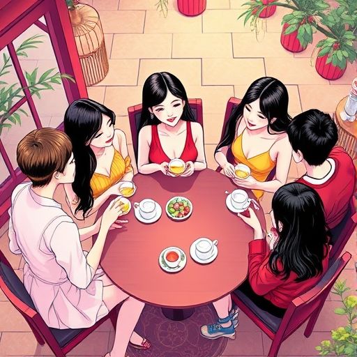 好友相聚的热闹场景