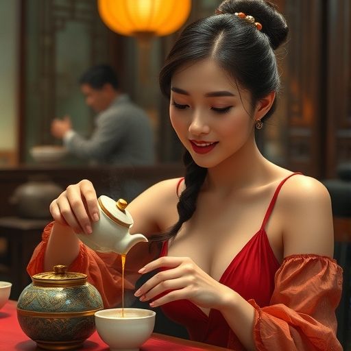 茶肆大姐热情倒茶