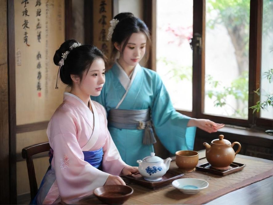 古色古香的广州茶室,木质家具与茶具摆设