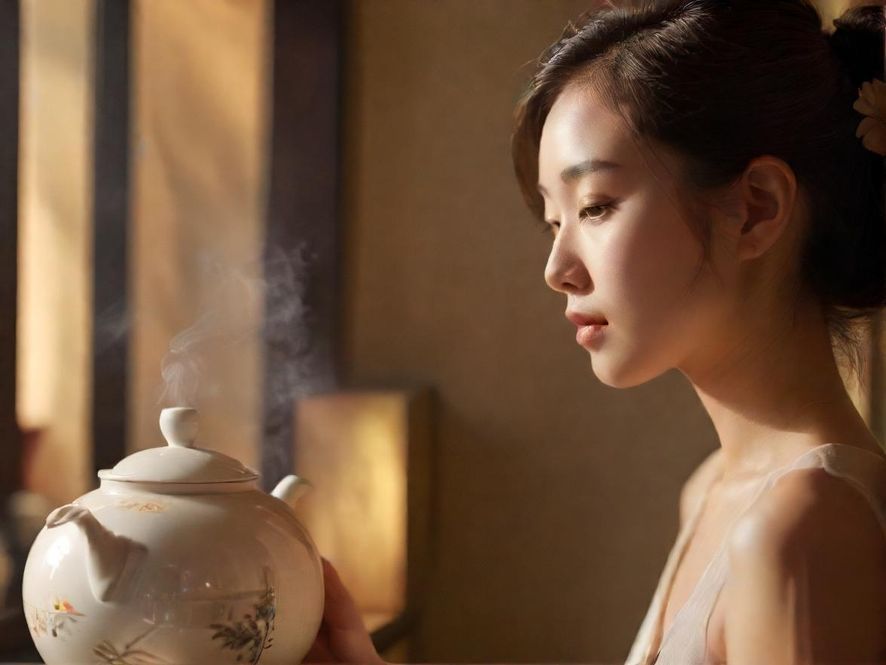 一对男女在现代简约风格的茶馆中品茶，侧面特写展现唯美意境。