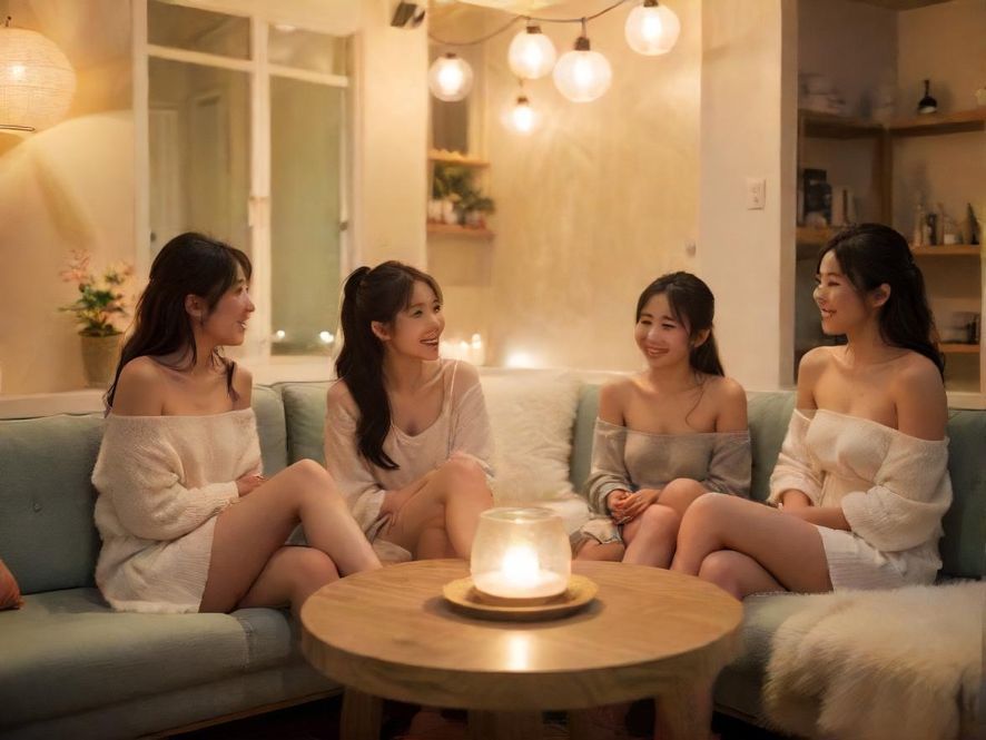 在现代风格的休闲空间里，一群朋友围坐在一起，或品茶，或轻声交谈，脸上洋溢着轻松愉悦的笑容，共享着惬意的社区时光。