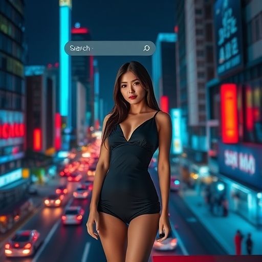 一个男人在夜晚的城市背景下低头看手机,屏幕上显示搜索界面