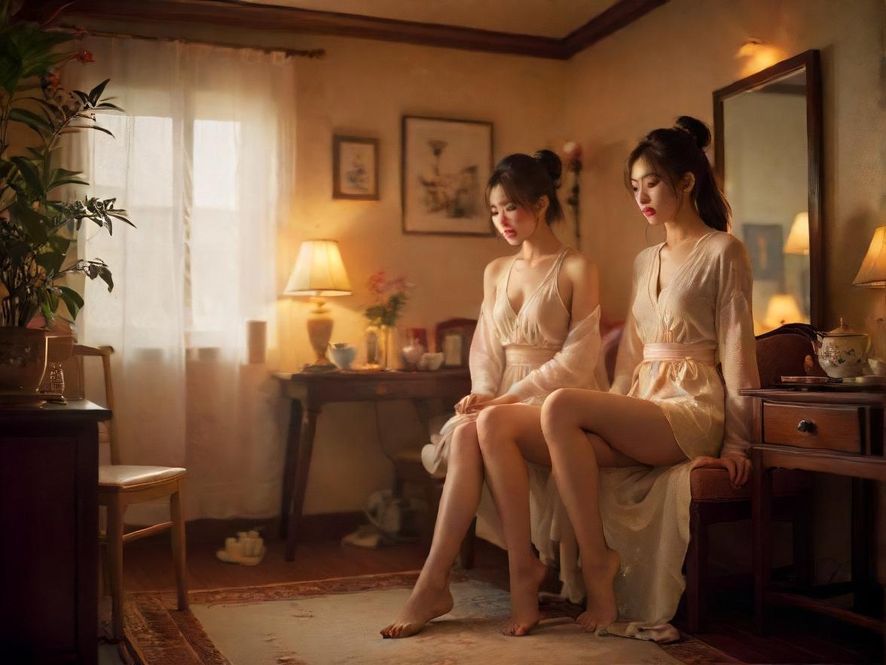 一间充满东方韵味的温馨茶室，光线柔和，营造出宁静雅致的氛围。