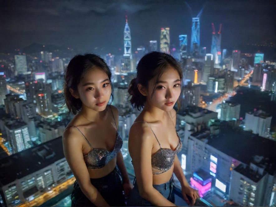 从高处俯瞰繁华的都市夜景,霓虹灯光璀璨闪烁,暗示着城市中隐藏着各种休闲娱乐场所。