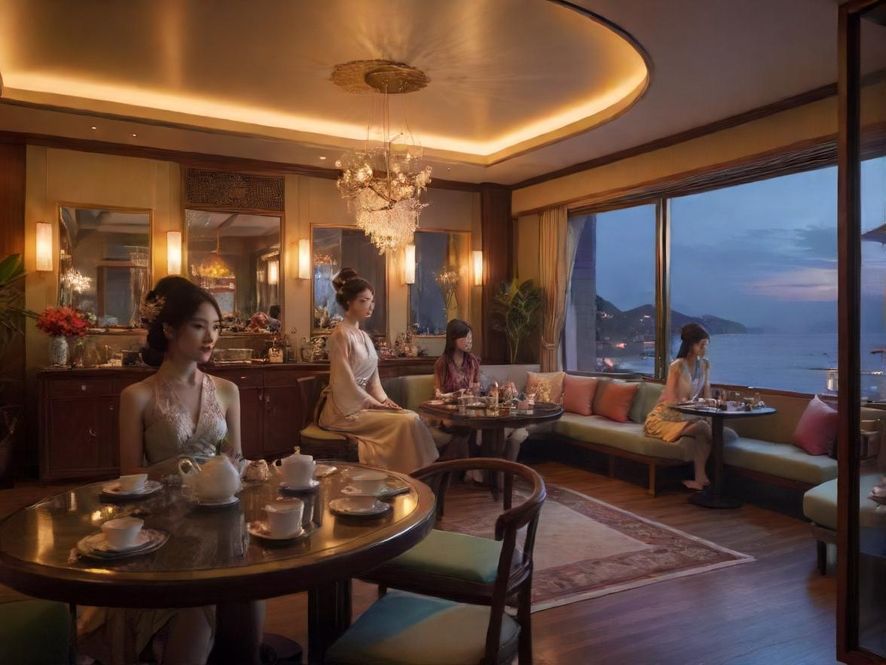 一间布置精美的雅致茶室，全景视角展示其奢华的内部装饰和宁静的氛围，光线柔和，家具考究。