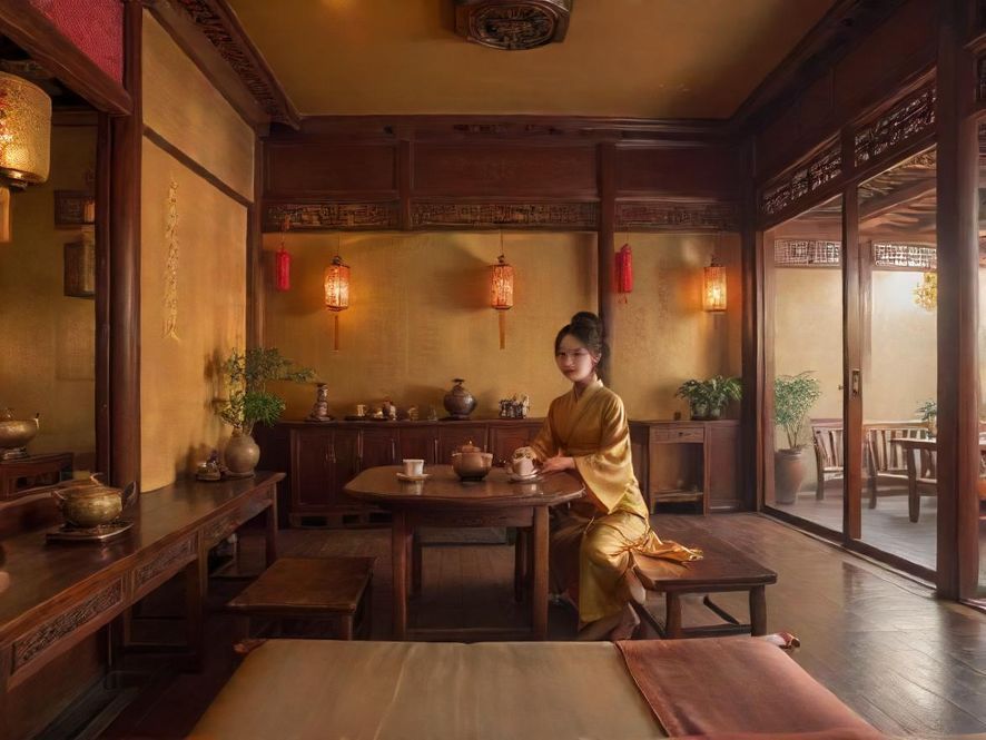 佛山特色茶馆内部,光影暖和,氛围休闲