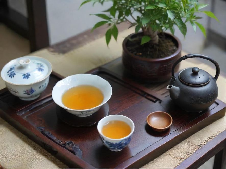 一位身着典雅服饰的茶艺师,在光影交错的传统中式庭院中,专注地进行茶道表演,氛围宁静而唯美。