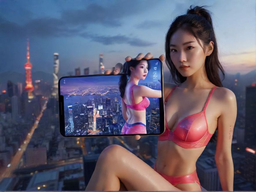 手机屏幕上显示着信息流，背景是模糊的深圳城市夜景