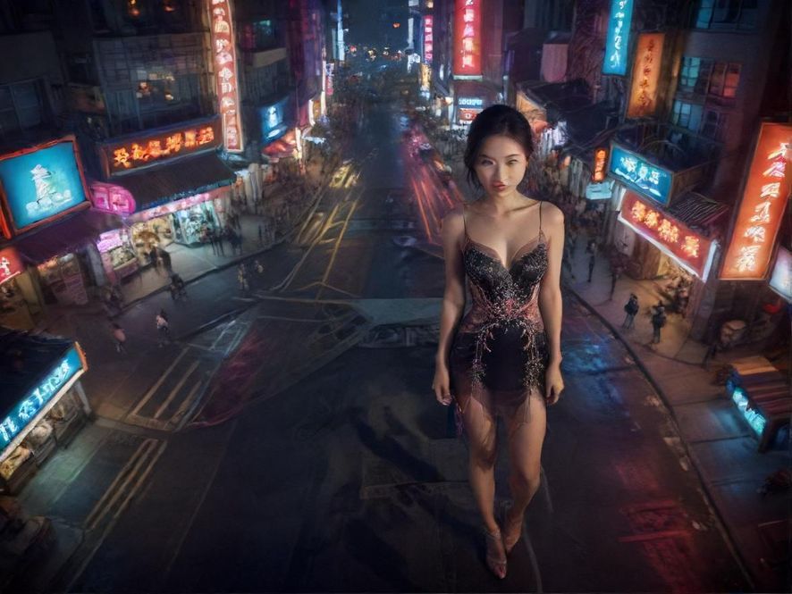 夜生活街头，霓虹闪烁，充满神秘与活力