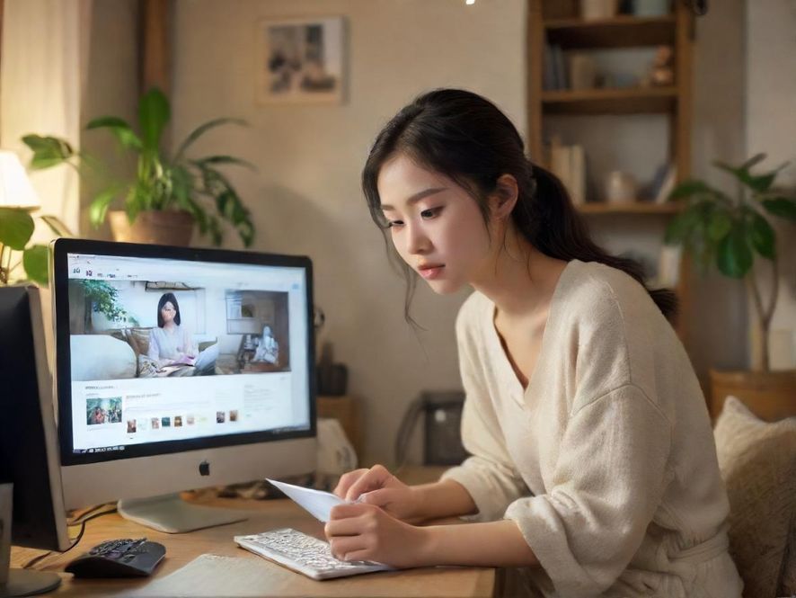 一个人在电脑前专注浏览论坛