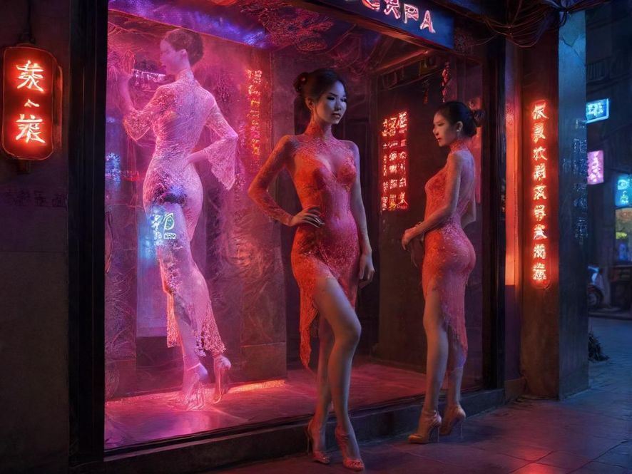 广州水疗会所入口，夜晚霓虹灯闪烁，透露着神秘与吸引力。