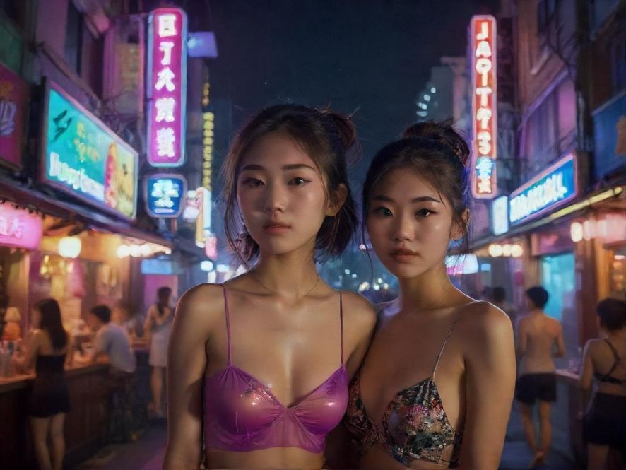 城市夜景下的繁华酒吧街,充满娱乐氛围