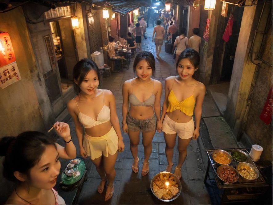 俯瞰广州老城区小吃街,人们在品尝各种特色美食,充满生机和活力。