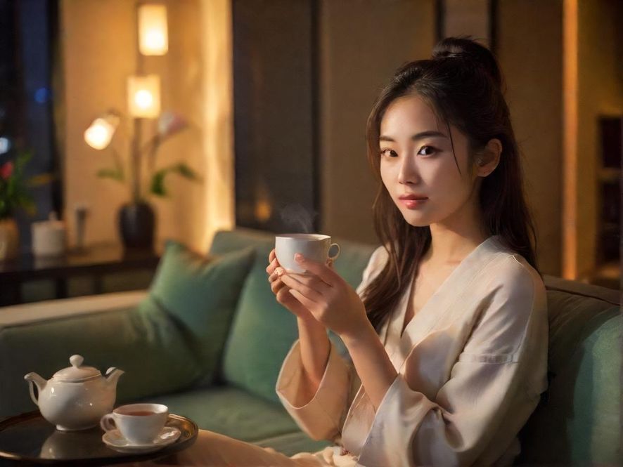 一位女士在现代奢华的私密包厢内,以悠闲的姿态品茶,柔和的光线营造出温馨舒适的氛围。