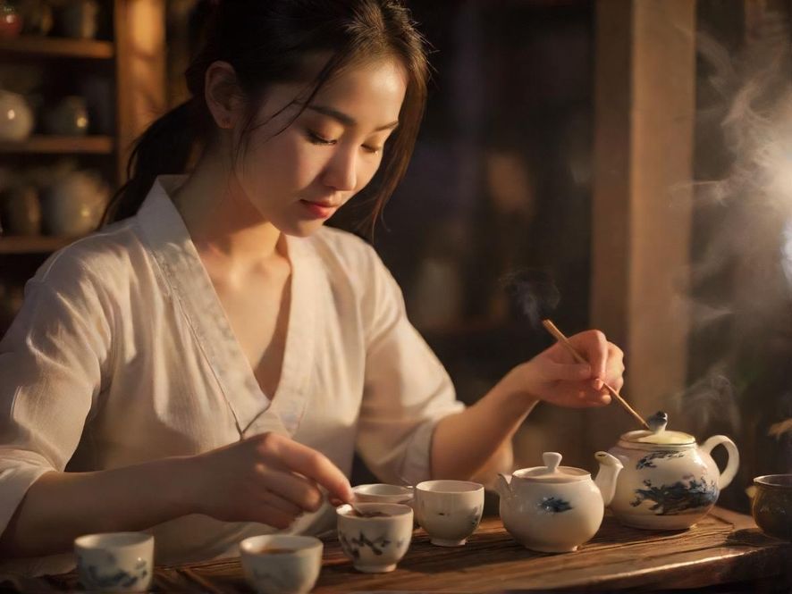 一位茶艺师正在专注地冲泡普洱茶,特写镜头展现了她娴熟的技艺和古朴的茶具。