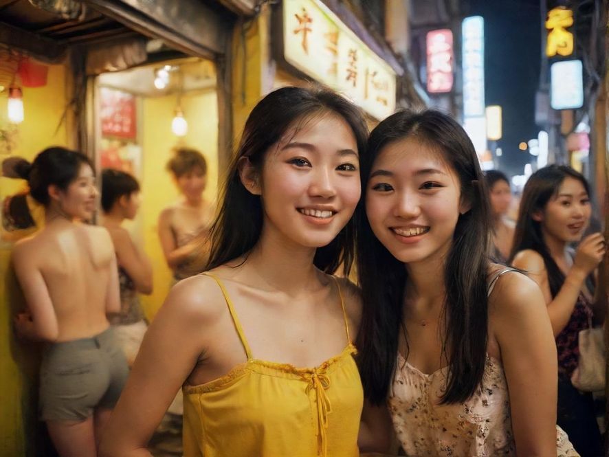 一群年轻人在广州充满活力的创意市集里开心地交流，阳光洒在他们身上，背景是熙熙攘攘的街头景象，充满生活气息。