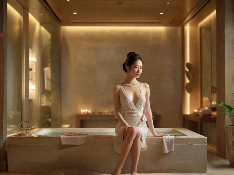 一张写实照片,展示了广州一个现代桑拿水疗中心宁静舒适的室内景观