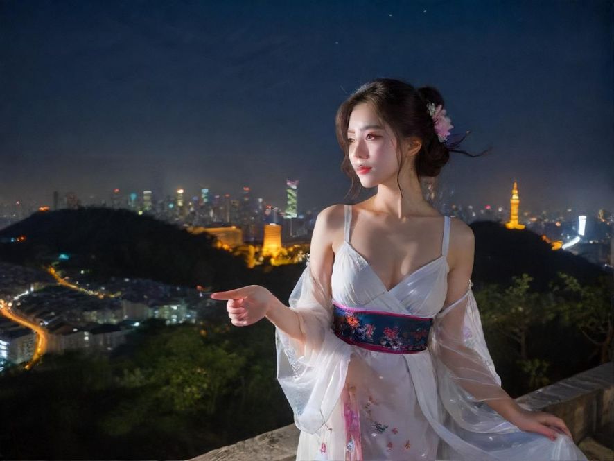 一位自信美丽的女性,在城市夜景的背景下,面带微笑,展现出独立与魅力。