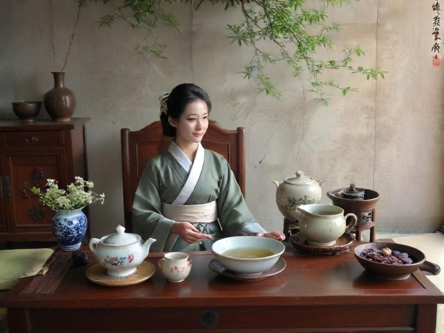 一位优雅女性在广州古典茶室中品茶,享受柔和光线下的宁静时光。