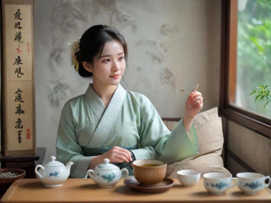 一位女士在阳光下品尝香茗的唯美特写