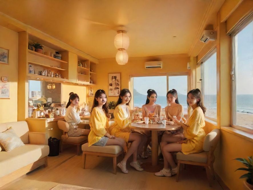 一间阳光充足、布置温馨的茶室全景