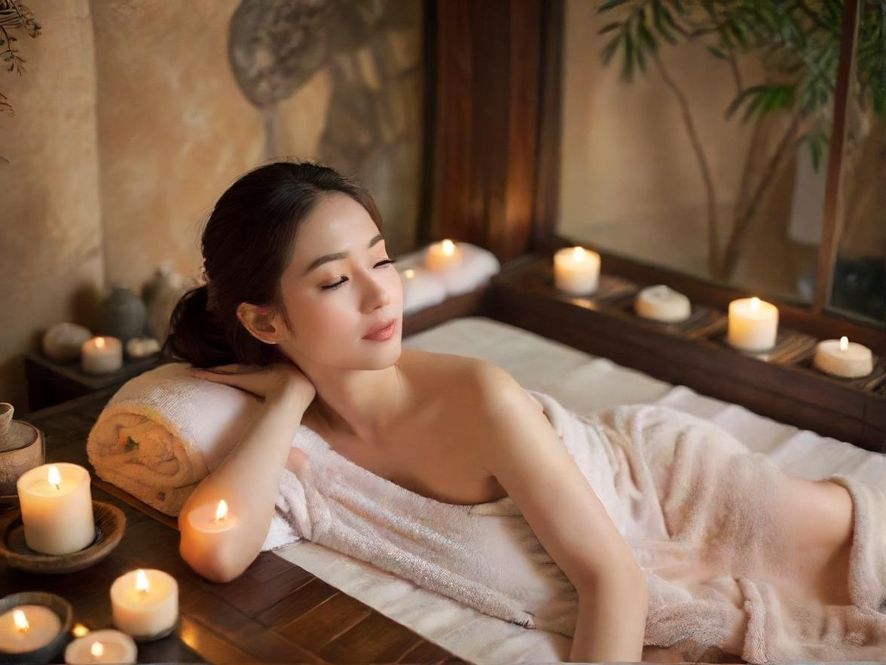 一位女性顾客舒适地躺在SPA床上,享受全身按摩,俯视视角,周围环境是豪华而宁静的SPA中心,柔和的灯光和精致的装饰营造出放松的氛围。