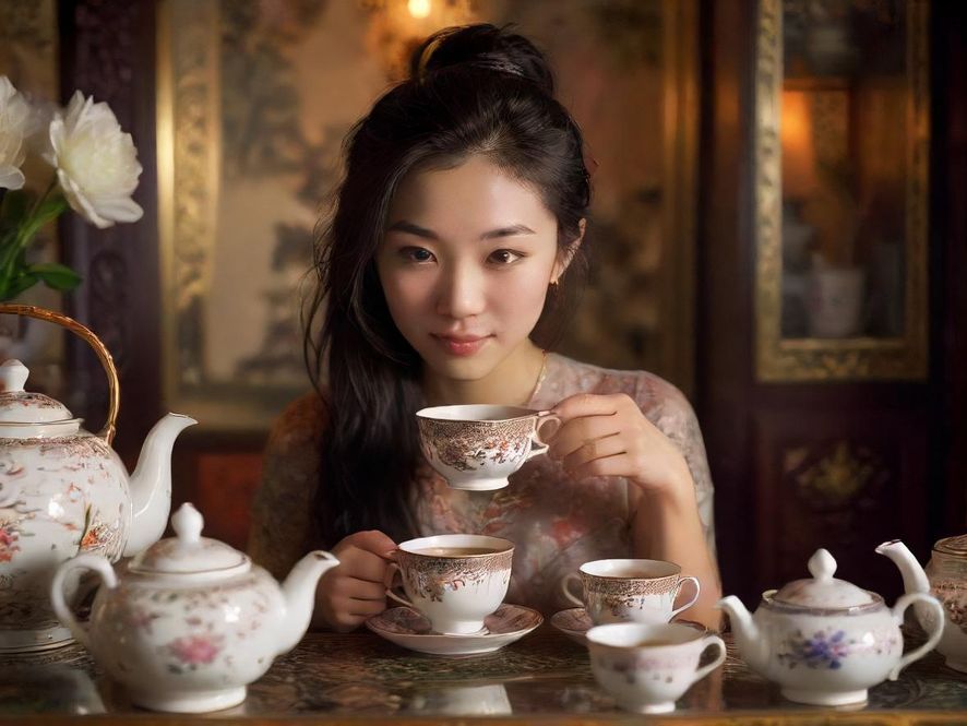 一位女性在唯美茶室中，手持精致茶杯，正在品茶的特写镜头