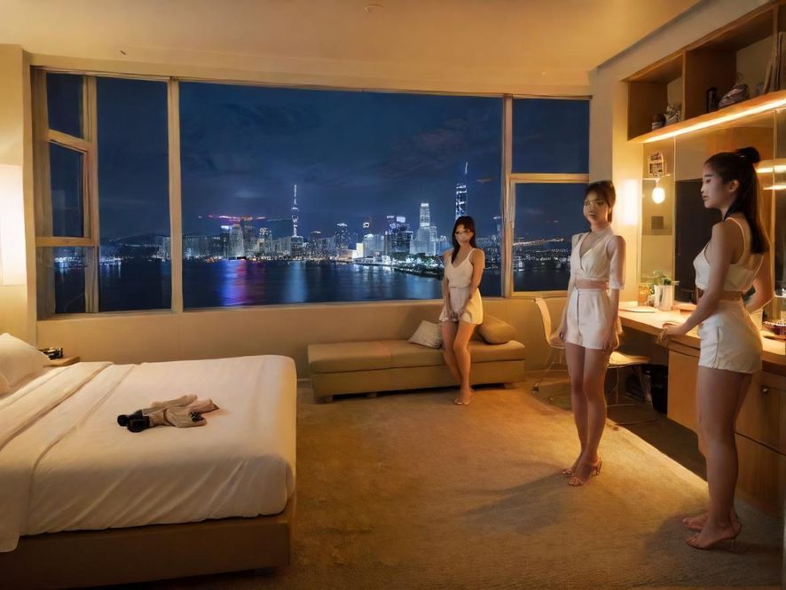 一间充满现代时尚感的00后潮流酒店房间，色彩活泼，设计独特，透过窗户可见都市夜景。
