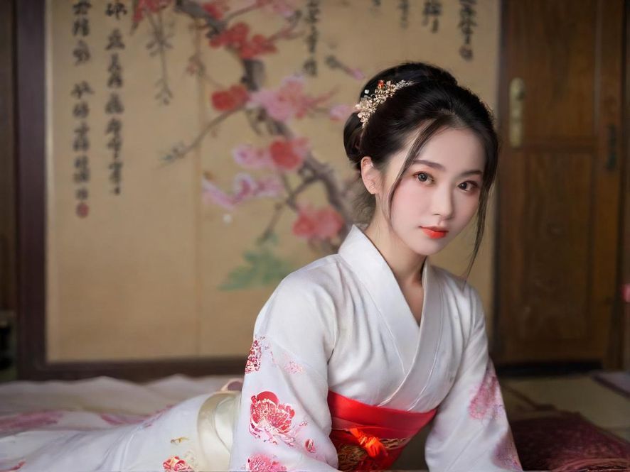 一位身着典雅服饰的东方女性侧颜特写,背景是虚化的传统雅室,营造出宁静而富有韵味的气氛。