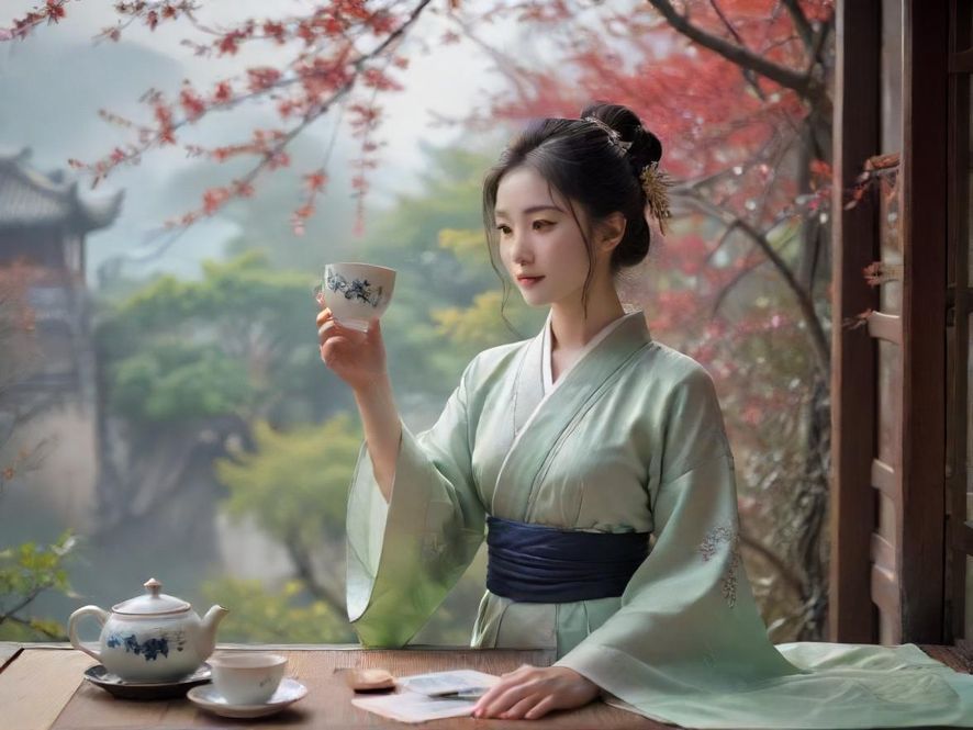 一位优雅的女性在品茶阁中,姿态从容,享受着独特的茶艺体验