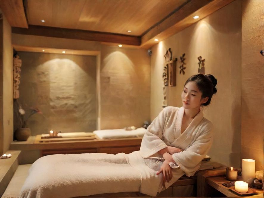 一位专业的SPA按摩师正在为客人进行肩颈按摩,室内光线柔和,营造出宁静放松的氛围。