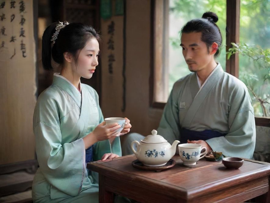 广州私密茶馆内一对男女正在低声交谈,营造出温馨而私密的氛围。