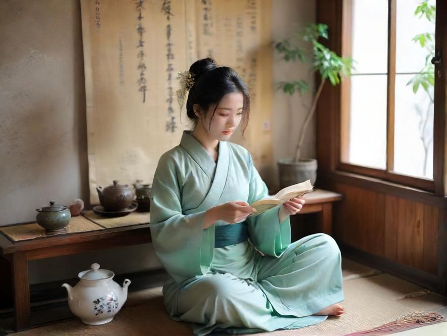 一位气质优雅的女士在深圳一间设计精美的茶室里,享受着片刻的宁静,阳光透过窗户洒在她身上。