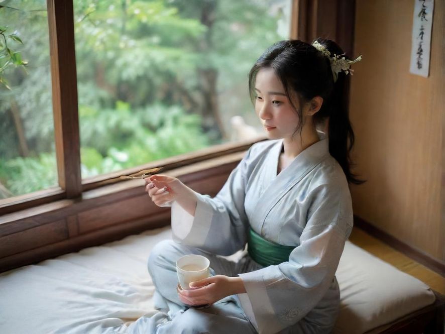 一位女士在深圳温馨茶室中品茶,享受宁静时光