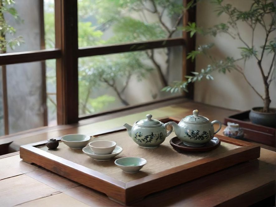 五一茶馆暖光下的原木茶台