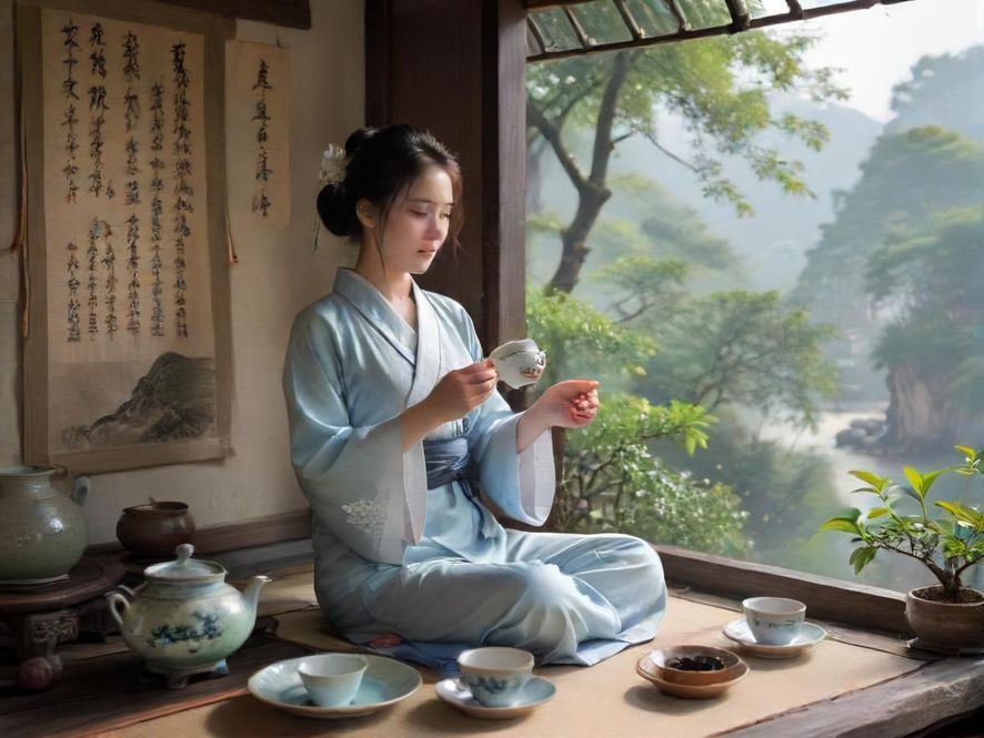 一位女士在古朴典雅的茶室里,静静地品味着香茗,光线柔和,氛围宁静。